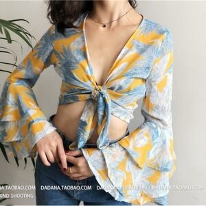 Bohemian Tassel Ethnic Style Chiffon Blouse, Tie-Front,‎ Bell Sleeves, XS-S New